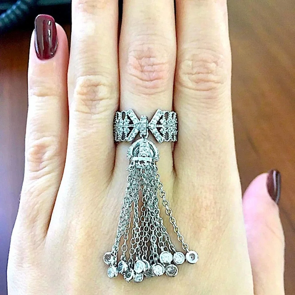 NEW WHITE GOLD PLATED CROWN TASSEL ADJUSTABLE RESIZABLE STATEMENT RING